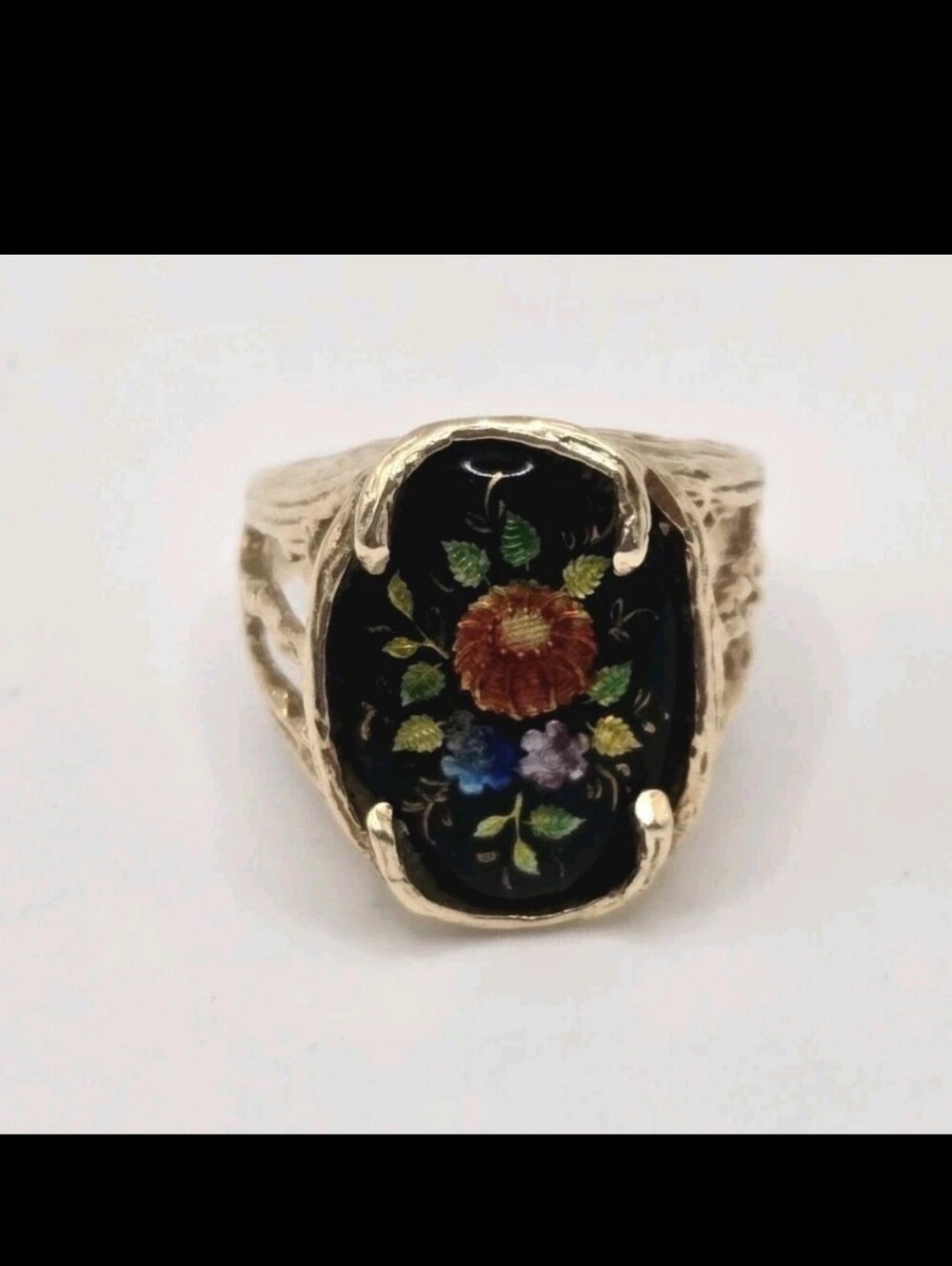 Rare Antique 1920s French Art Nouveau Handcrafted 14K Gold Floral Enameled Ring
